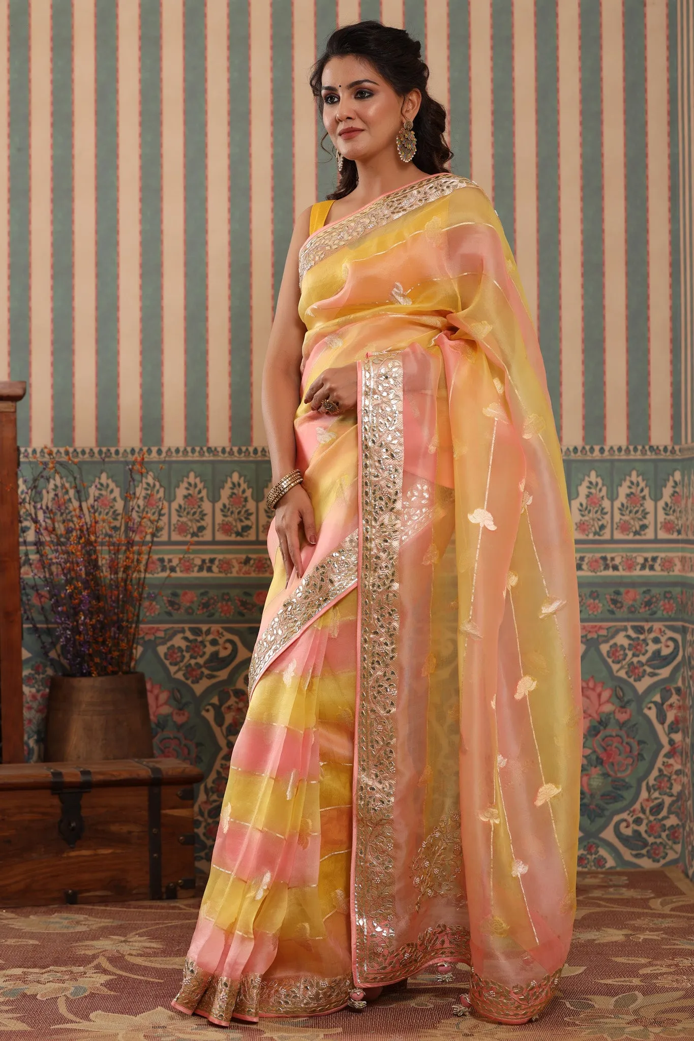 90Z637-RO Yellow and Peach Organza Saree with Gota Patti Border