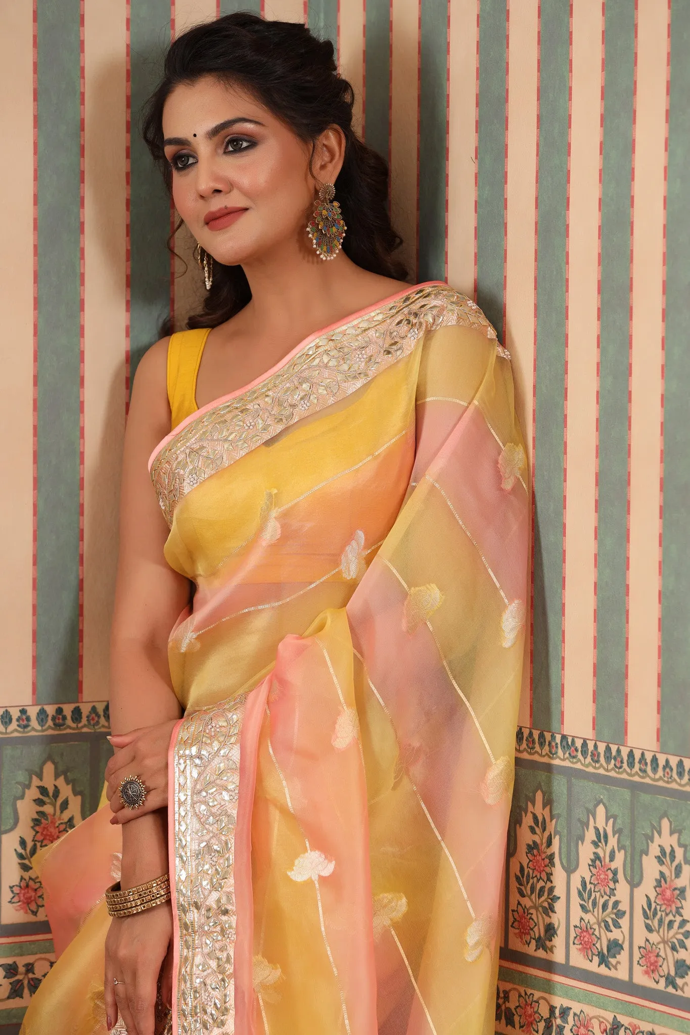 90Z637-RO Yellow and Peach Organza Saree with Gota Patti Border