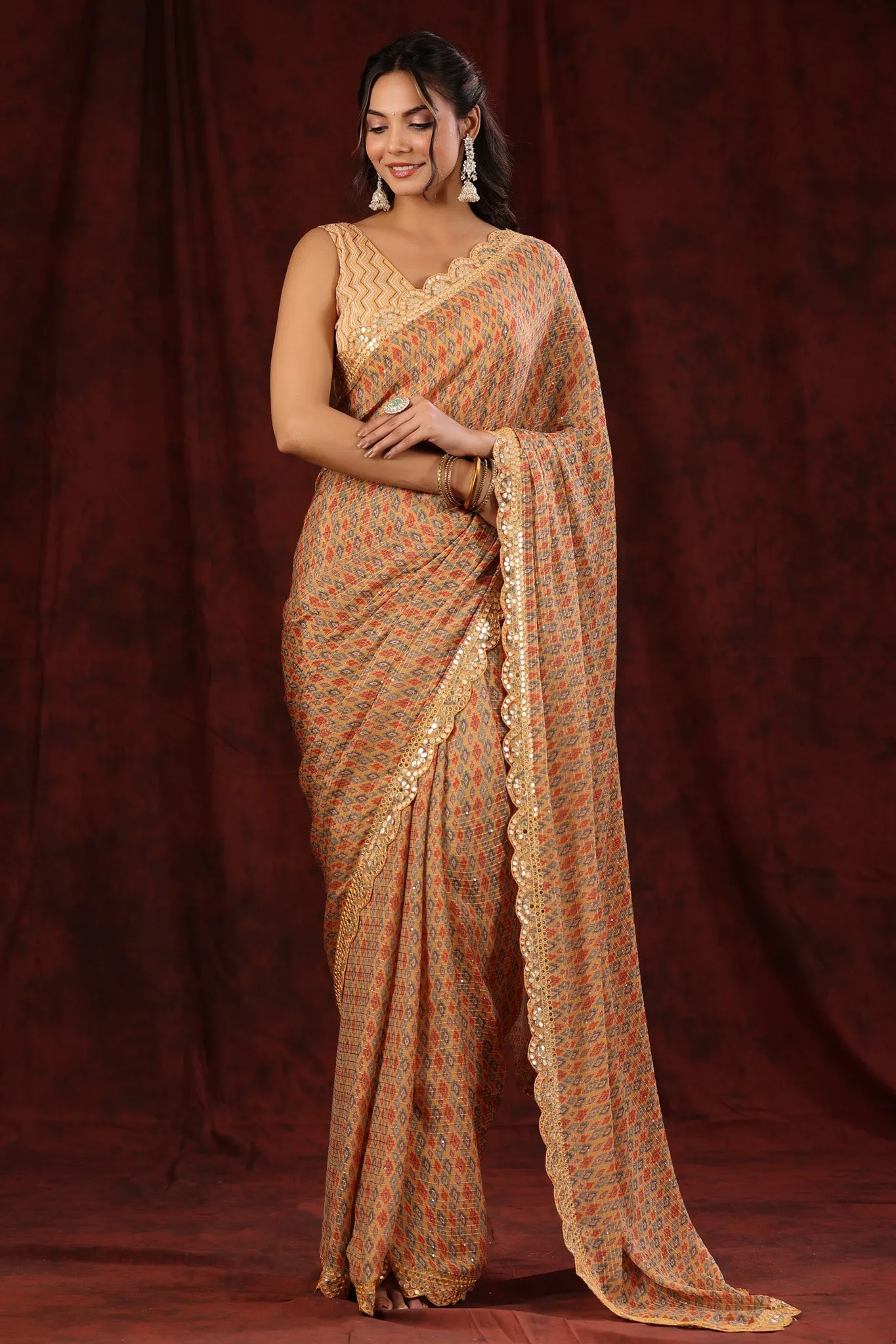 90Z696-RO Yellow Printed Georgette Sari with Scalloped Border