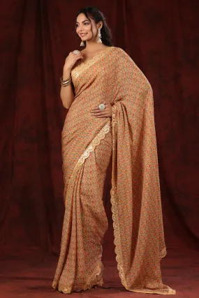 90Z696-RO Yellow Printed Georgette Sari with Scalloped Border