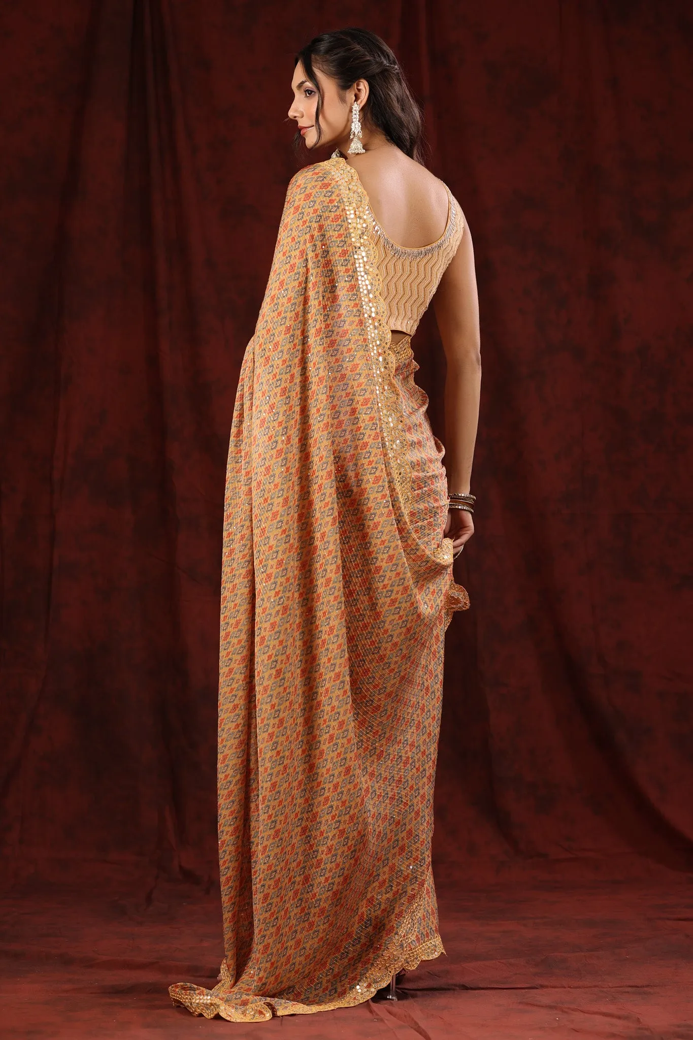 90Z696-RO Yellow Printed Georgette Sari with Scalloped Border