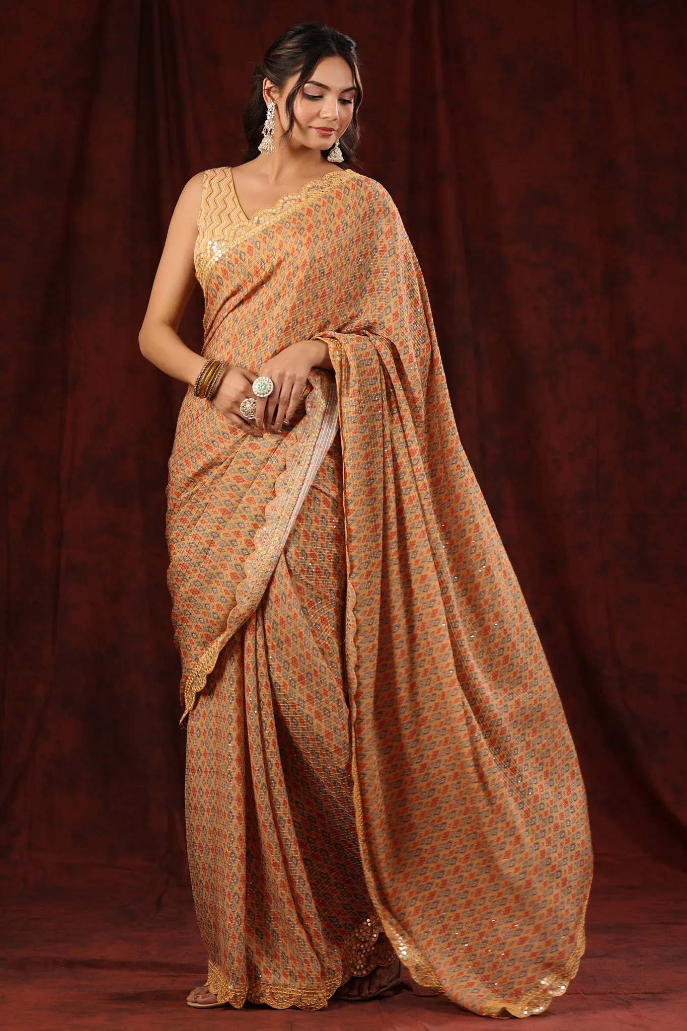 90Z696-RO Yellow Printed Georgette Sari with Scalloped Border