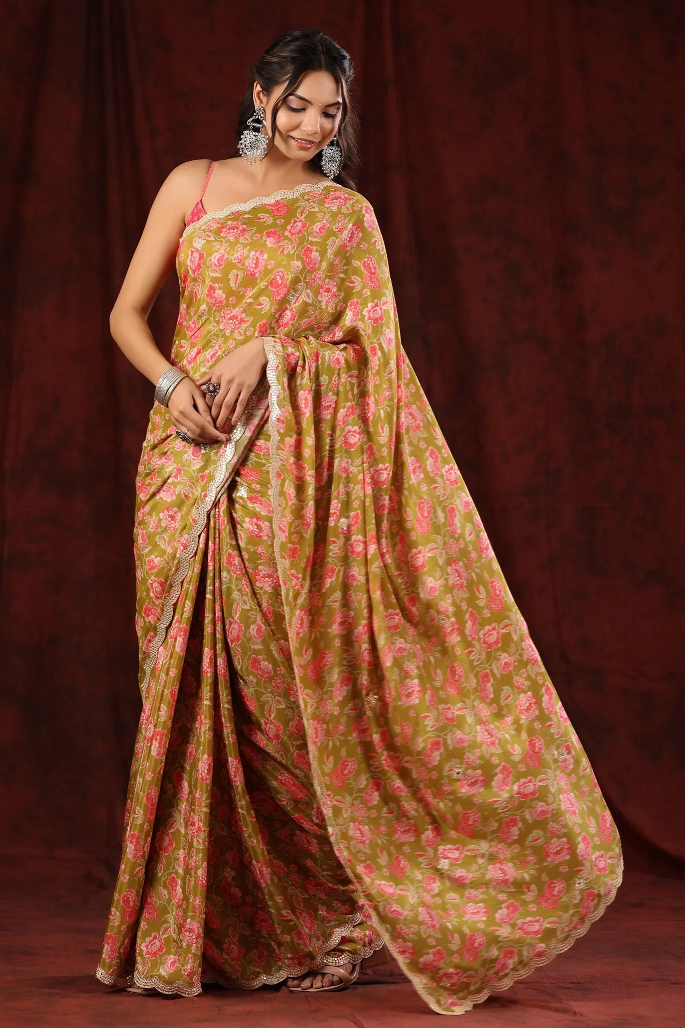 90Z701-NRO Olive Green Crepe Georgette Saree