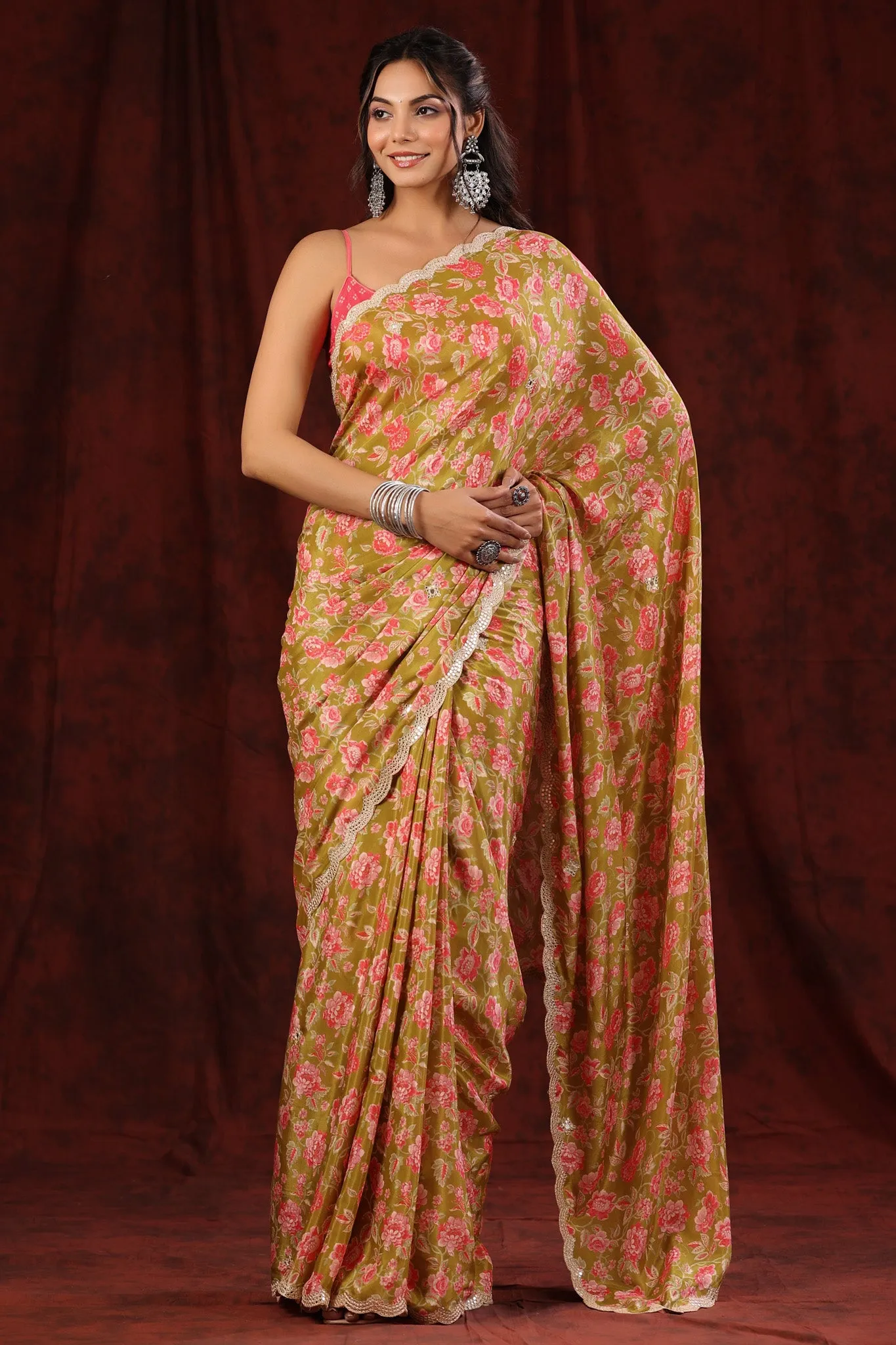 90Z701-NRO Olive Green Crepe Georgette Saree