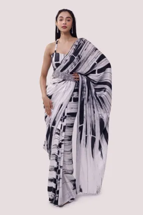 90Z7818-RO Black & White Stripe Printed Saree