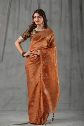 90Z803-RO Brown Organza Saree with Designer Kalamkari Blouse