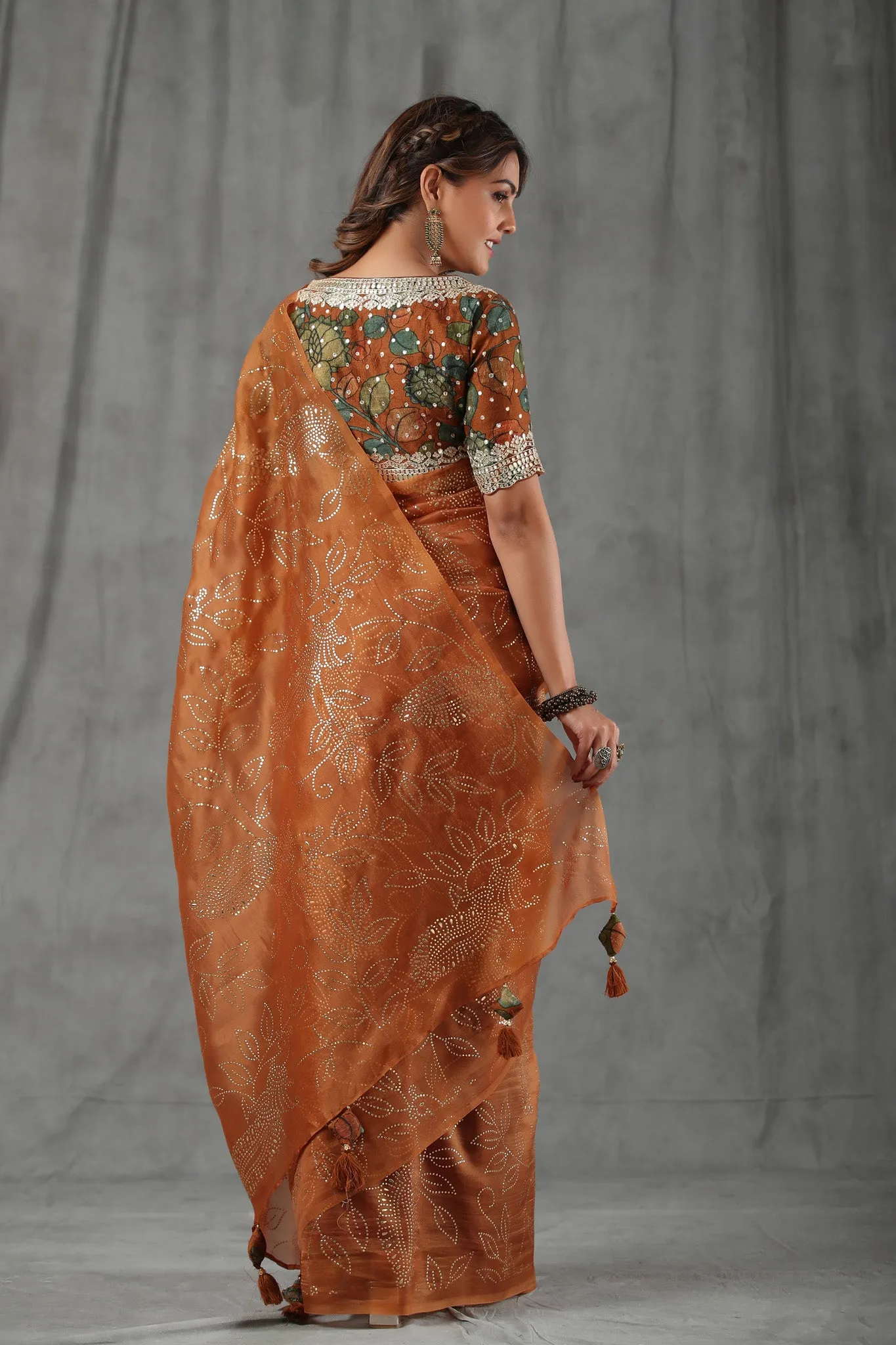 90Z803-RO Brown Organza Saree with Designer Kalamkari Blouse