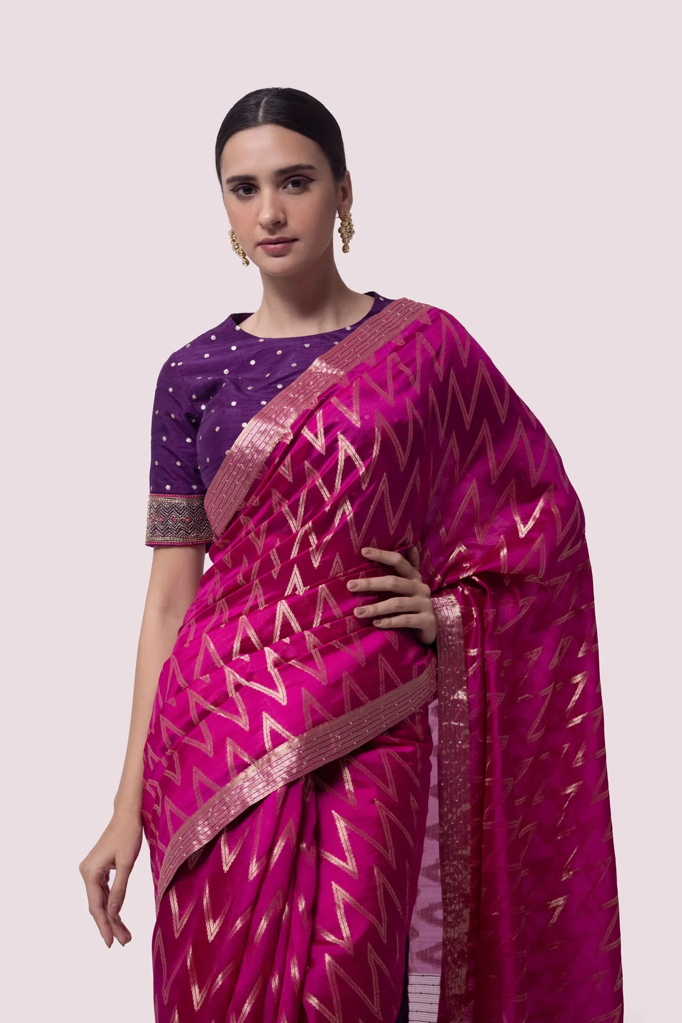 90Z833-RO  Pink Zari Embroidered Saree With Blouse