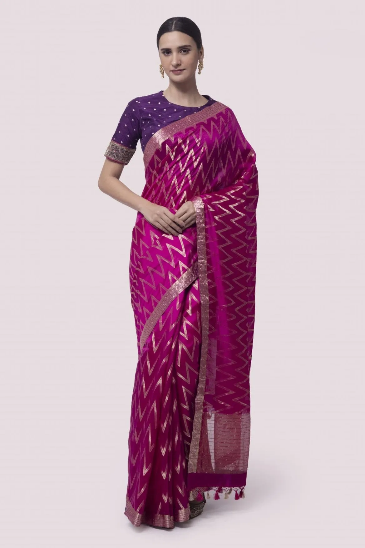 90Z833-RO  Pink Zari Embroidered Saree With Blouse