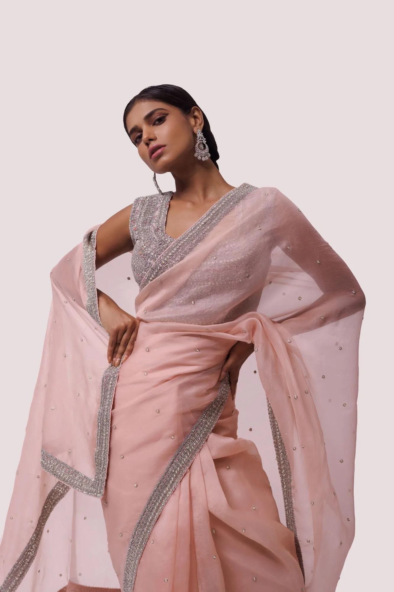 90Z861-RO Peach Organza Saree with Embroidery