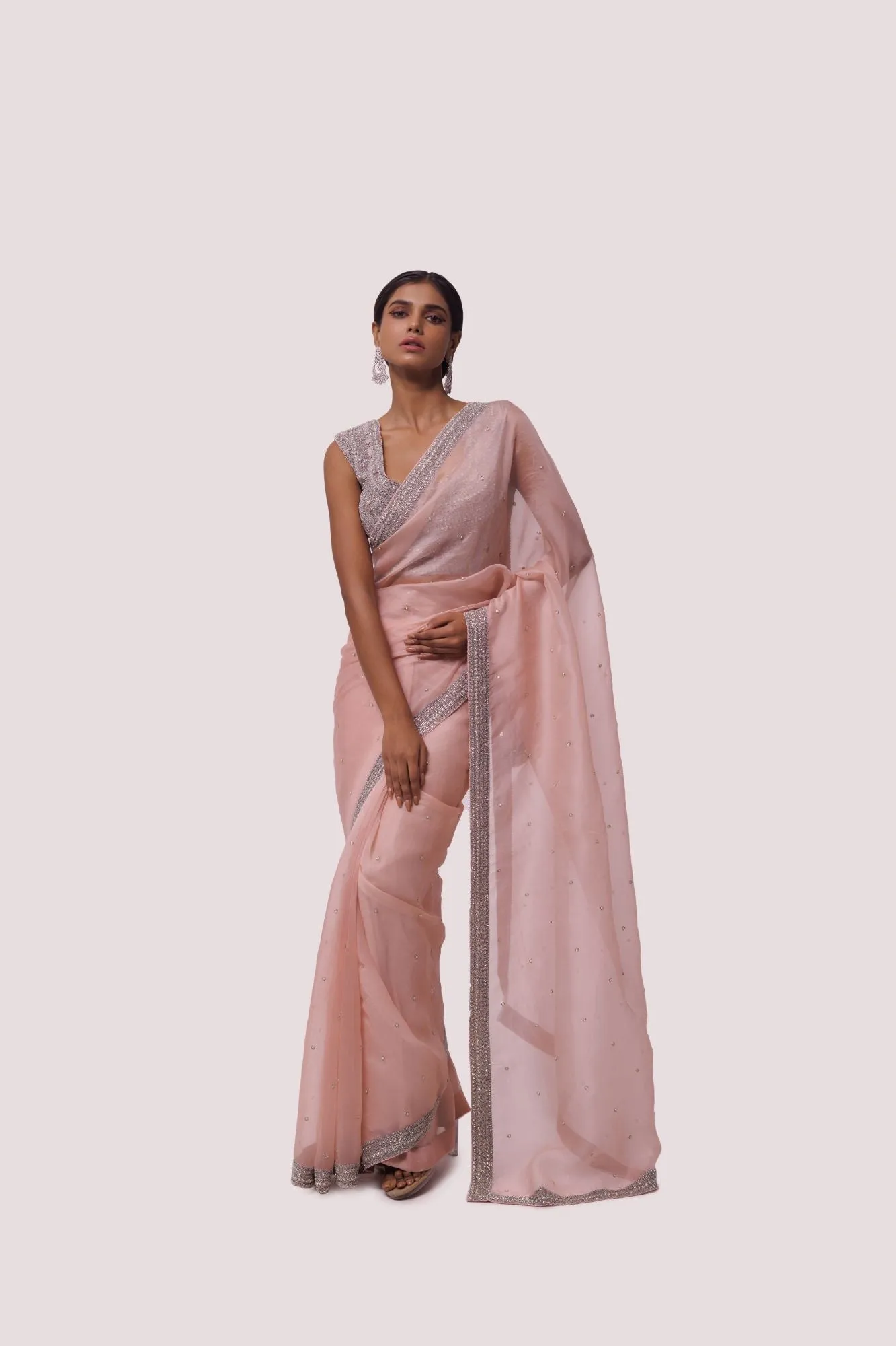 90Z861-RO Peach Organza Saree with Embroidery