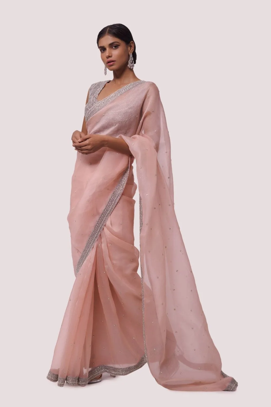 90Z861-RO Peach Organza Saree with Embroidery