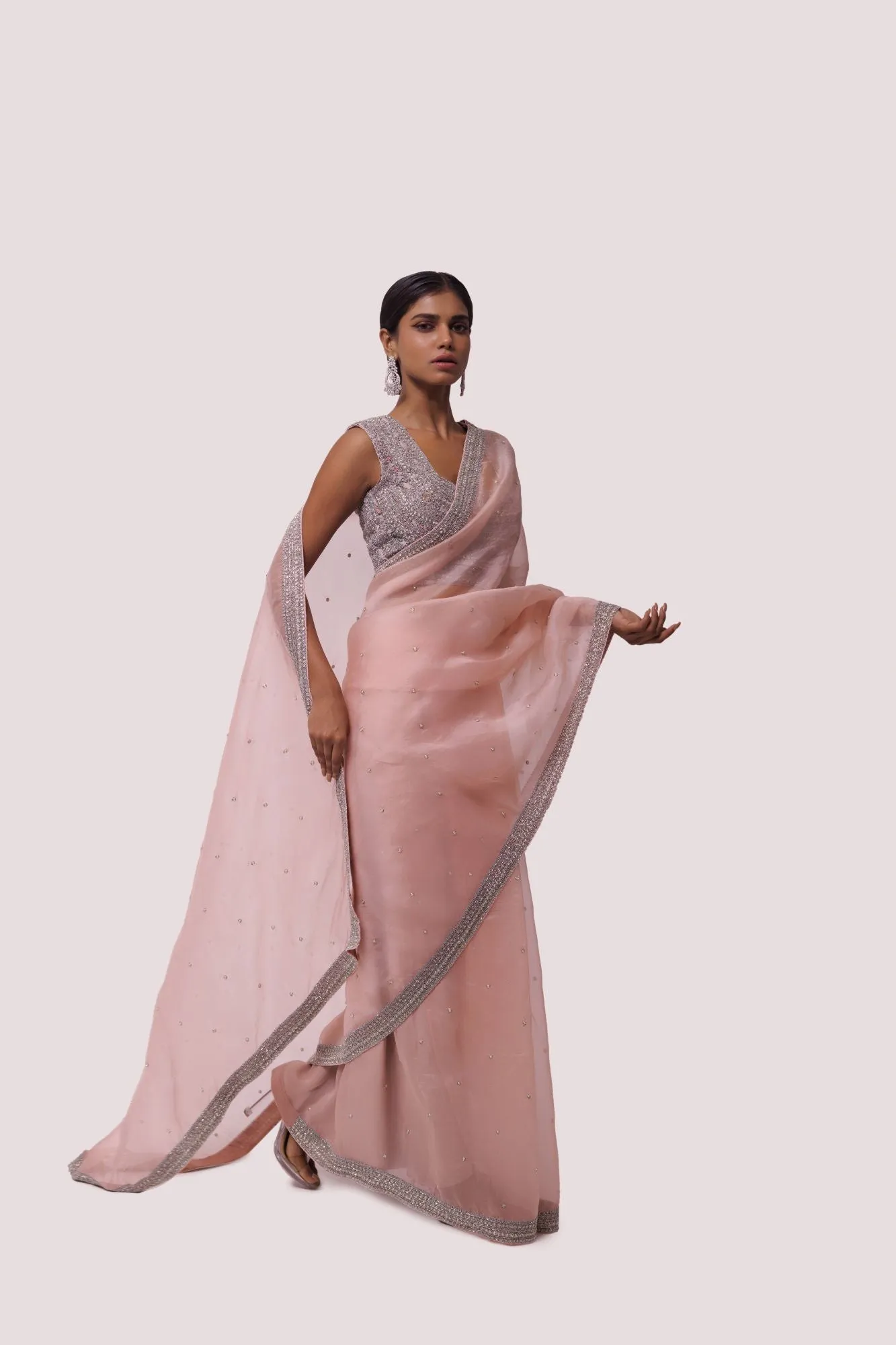 90Z861-RO Peach Organza Saree with Embroidery