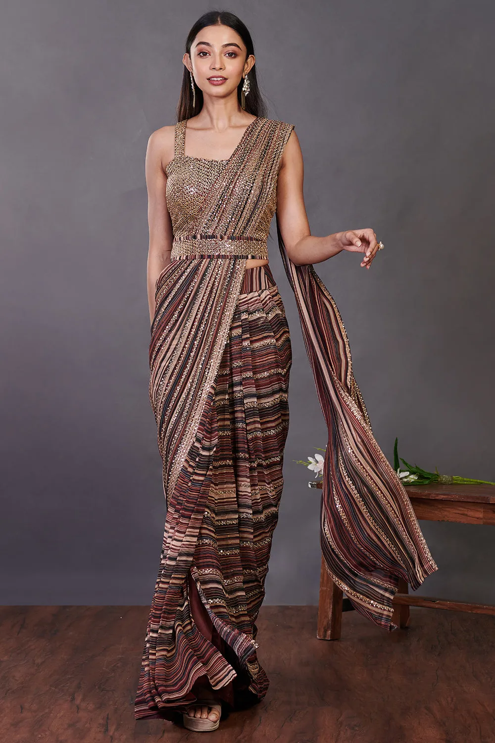 90Z932-RO Multicolor Georgette Print Saree Set