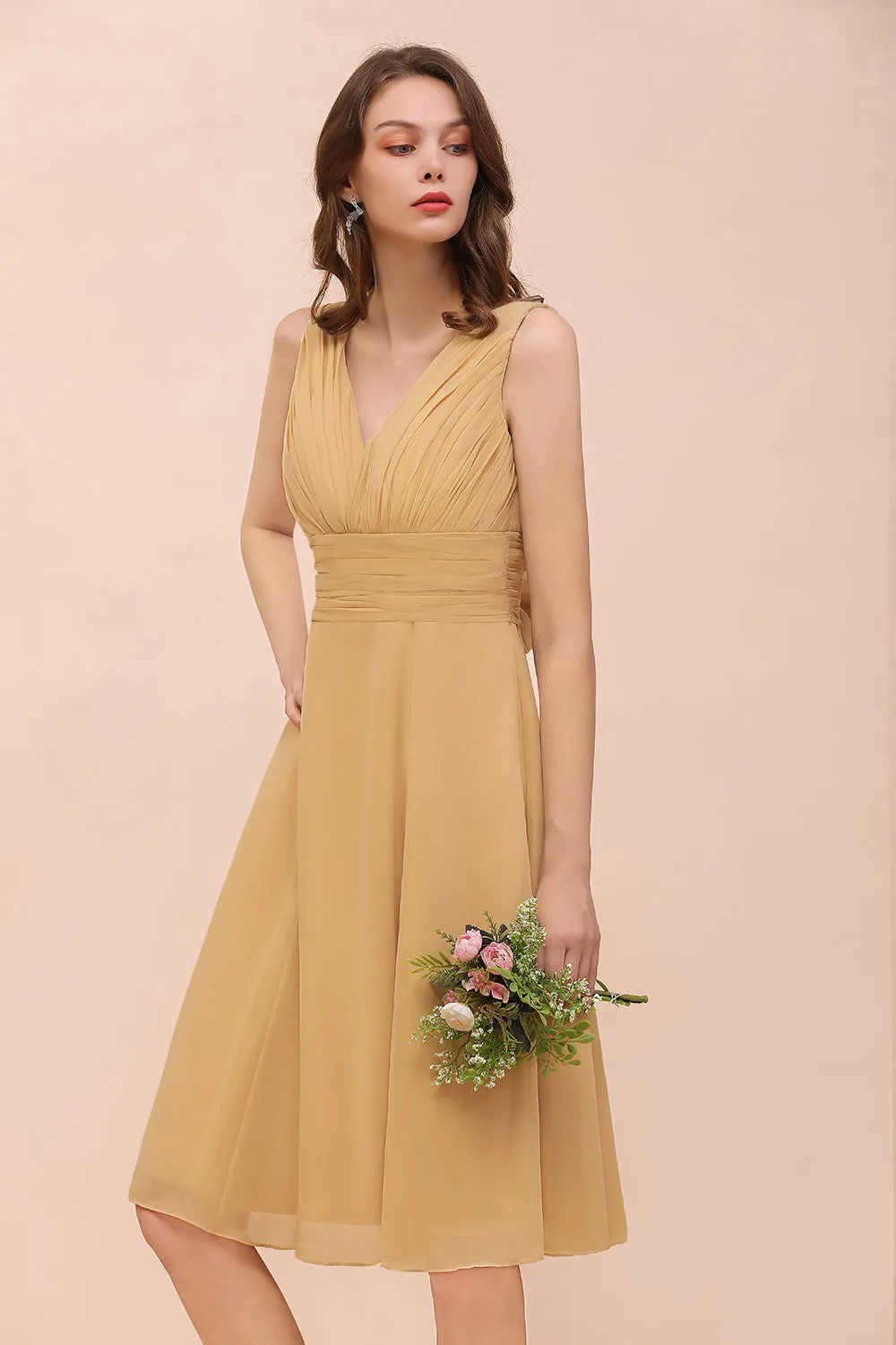 Affordable Gold Short A-line V-neck Chiffon Bridesmaid Dress with Bow