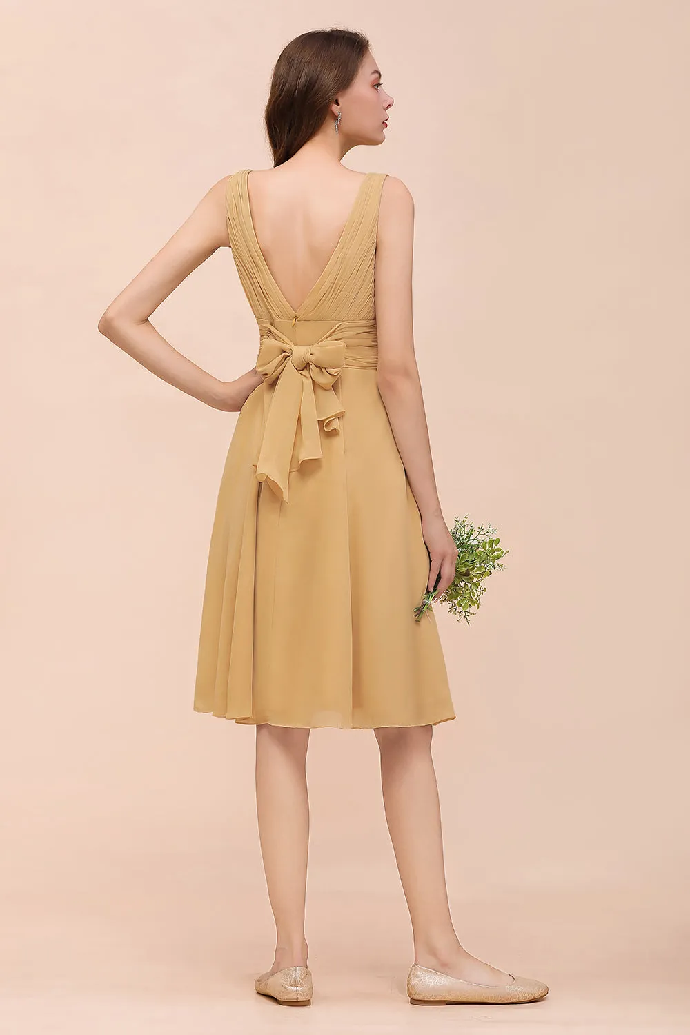 Affordable Gold Short A-line V-neck Chiffon Bridesmaid Dress with Bow