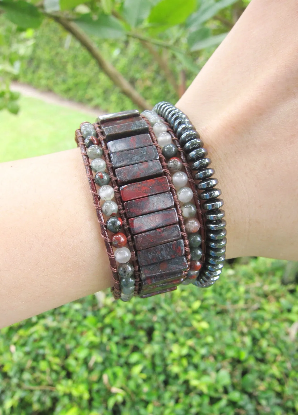 African Bloodstone Jasper 3X Row Cuff Wrap Bracelet