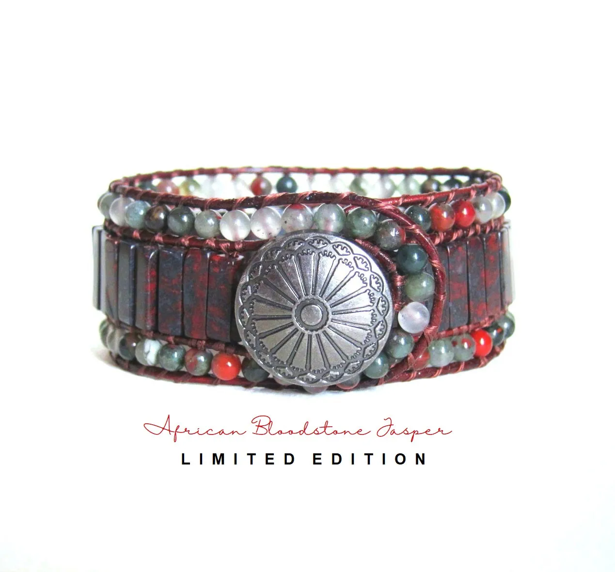 African Bloodstone Jasper 3X Row Cuff Wrap Bracelet