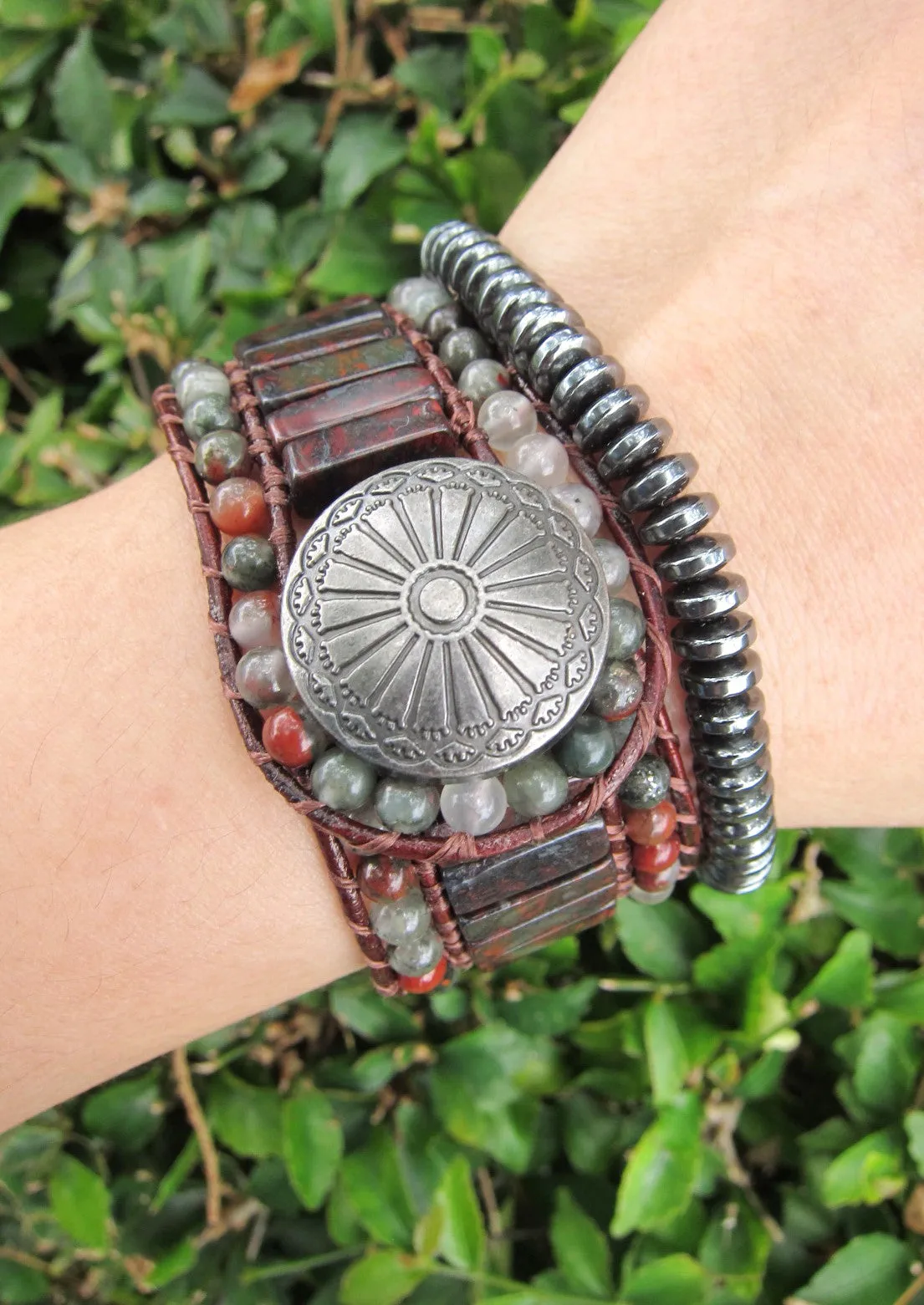 African Bloodstone Jasper 3X Row Cuff Wrap Bracelet