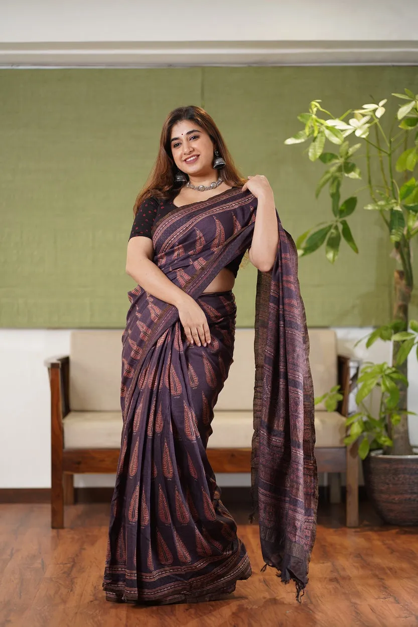 Ajrakh Hand Block Printed Eri Silk saree