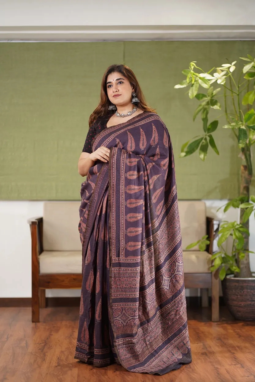 Ajrakh Hand Block Printed Eri Silk saree