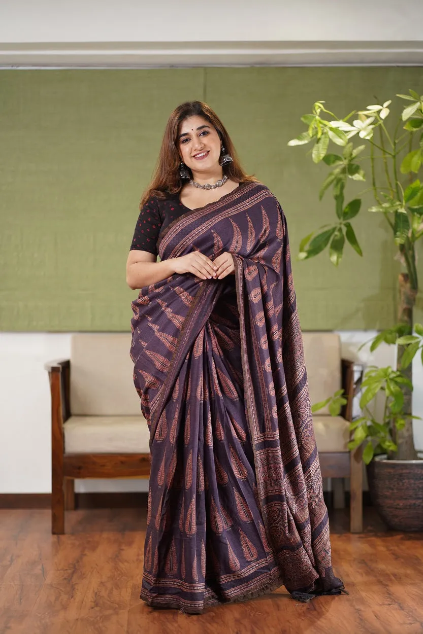 Ajrakh Hand Block Printed Eri Silk saree