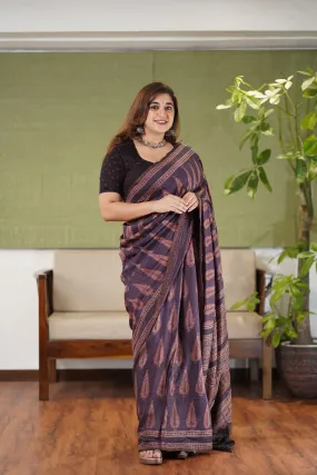 Ajrakh Hand Block Printed Eri Silk saree