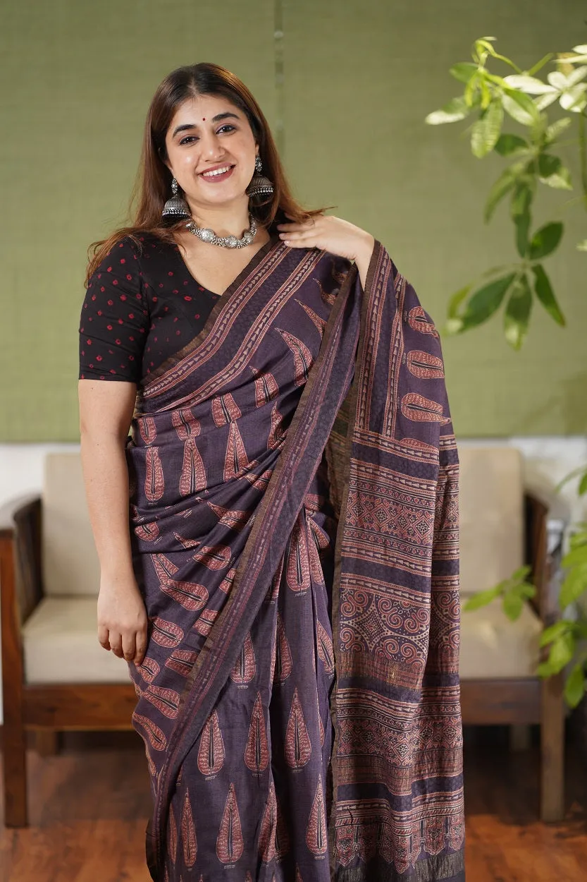 Ajrakh Hand Block Printed Eri Silk saree