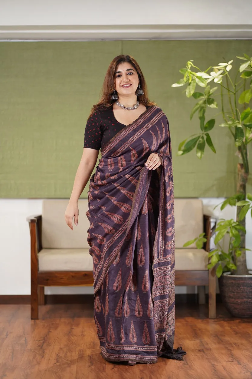 Ajrakh Hand Block Printed Eri Silk saree