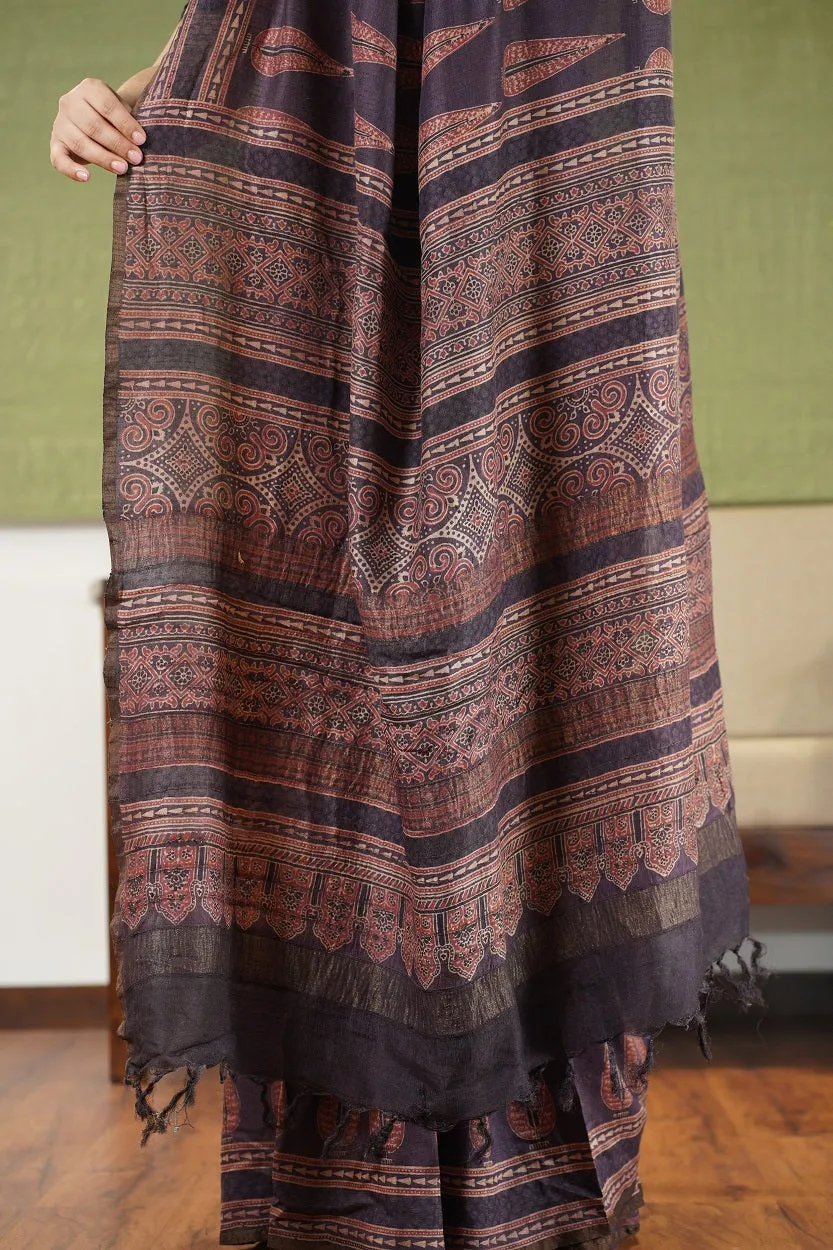 Ajrakh Hand Block Printed Eri Silk saree