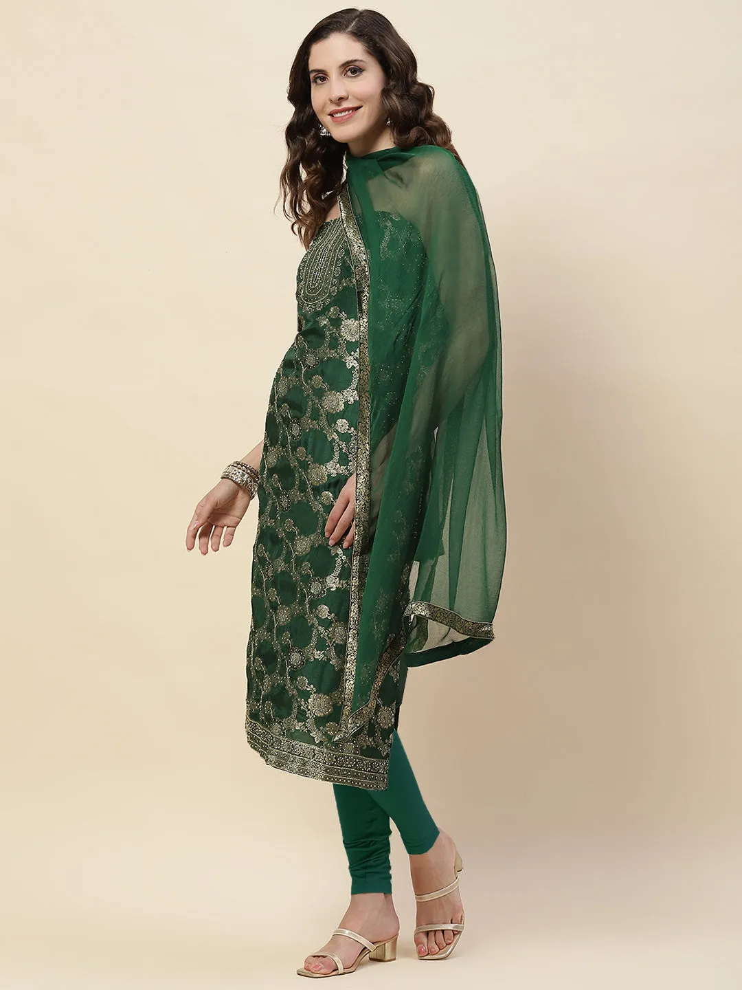 All Over Embroidered Chanderi Unstitched Suit Piece With Dupatta