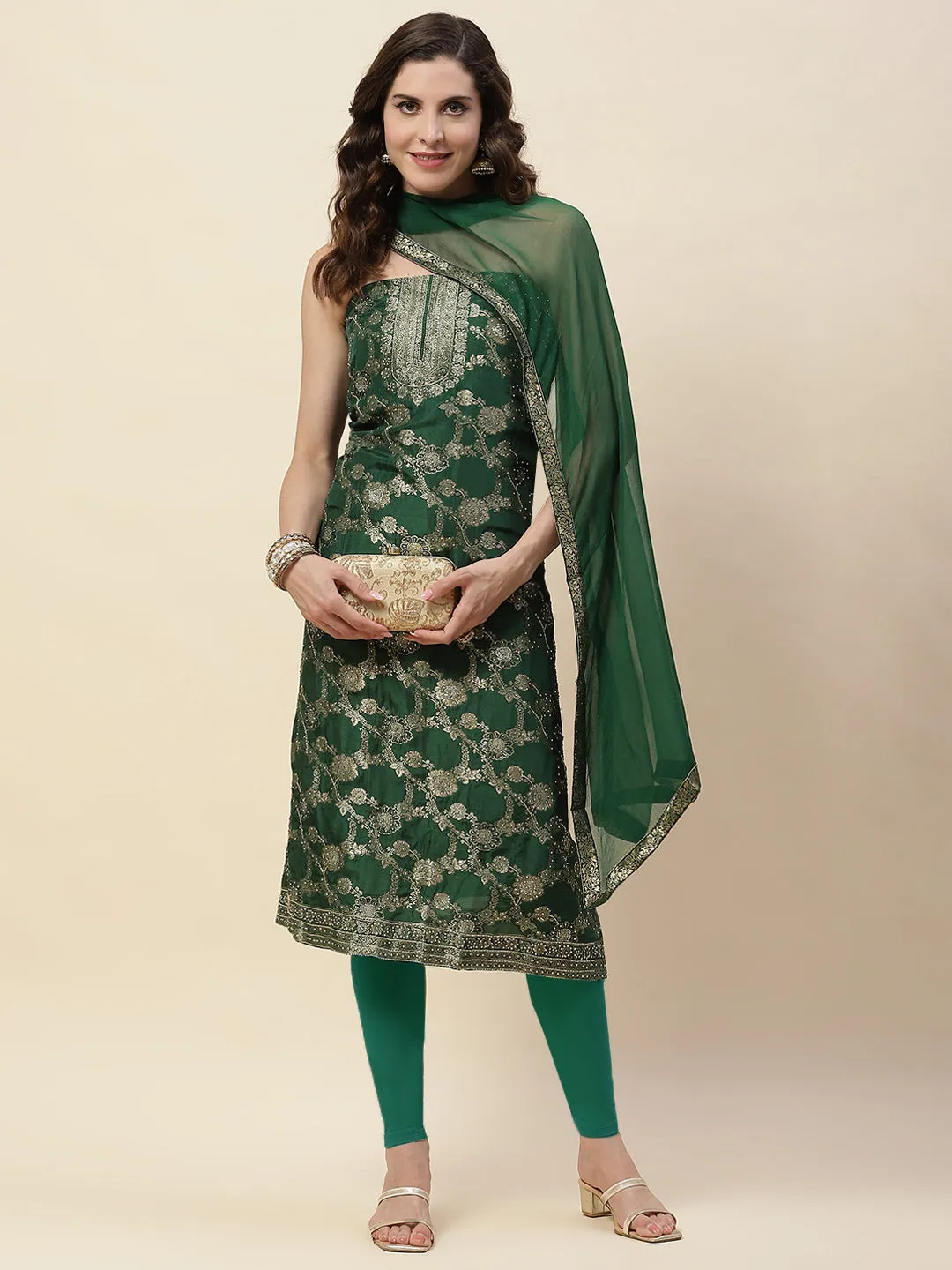 All Over Embroidered Chanderi Unstitched Suit Piece With Dupatta