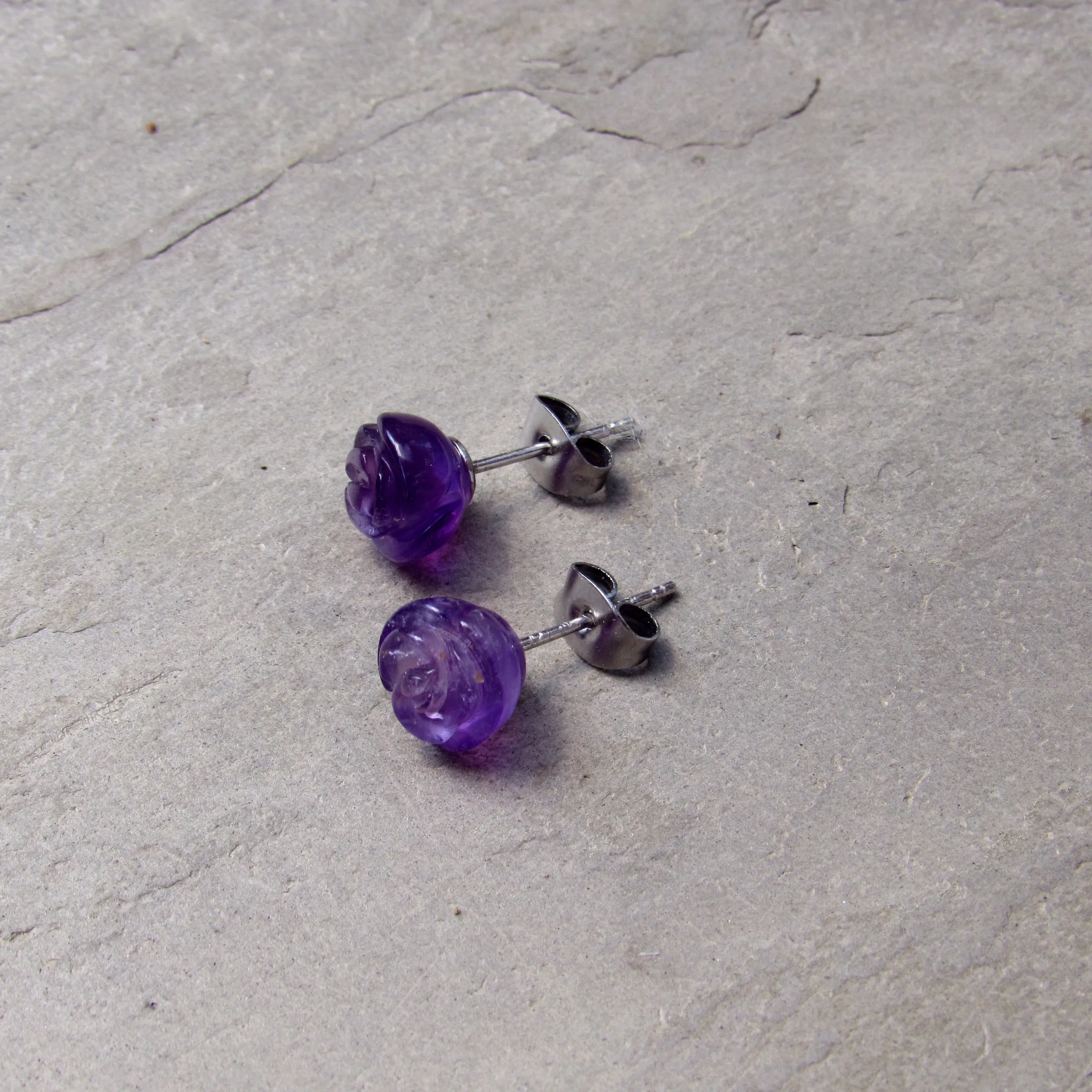 Amethyst gemstone Rose Earrings on Sterling Silver Posts