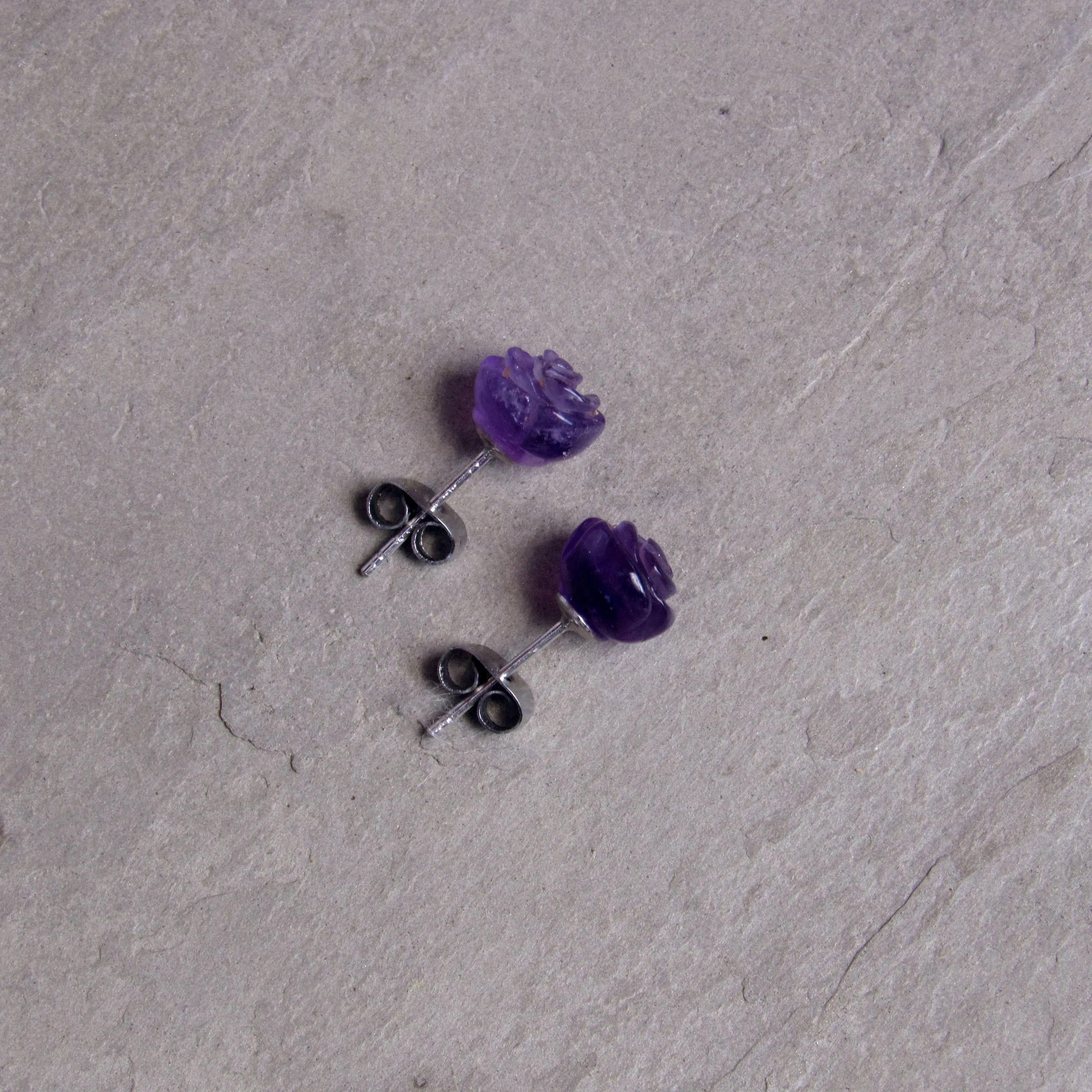 Amethyst gemstone Rose Earrings on Sterling Silver Posts