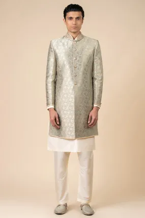 Aqua Brocade Achkan With Embroidered Collar