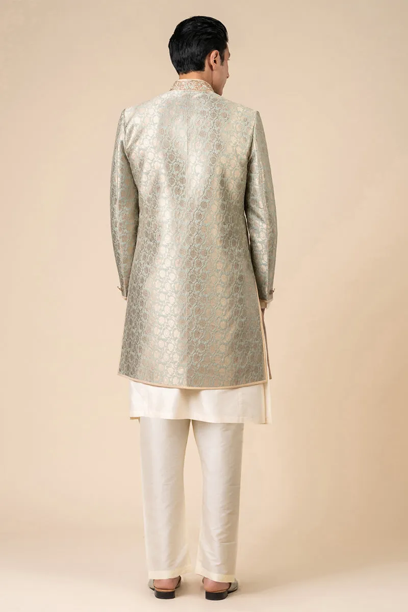 Aqua Brocade Achkan With Embroidered Collar