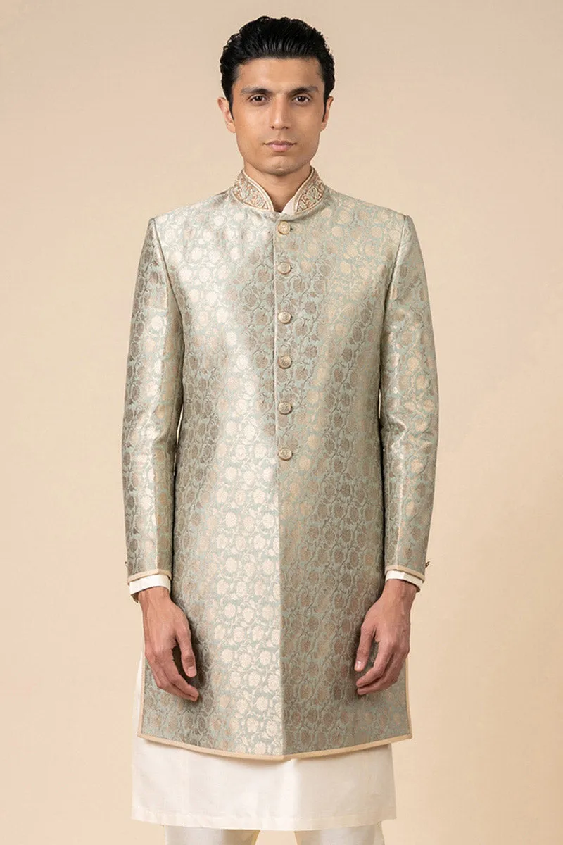 Aqua Brocade Achkan With Embroidered Collar