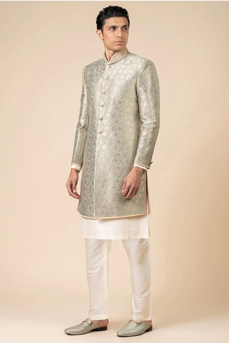 Aqua Brocade Achkan With Embroidered Collar