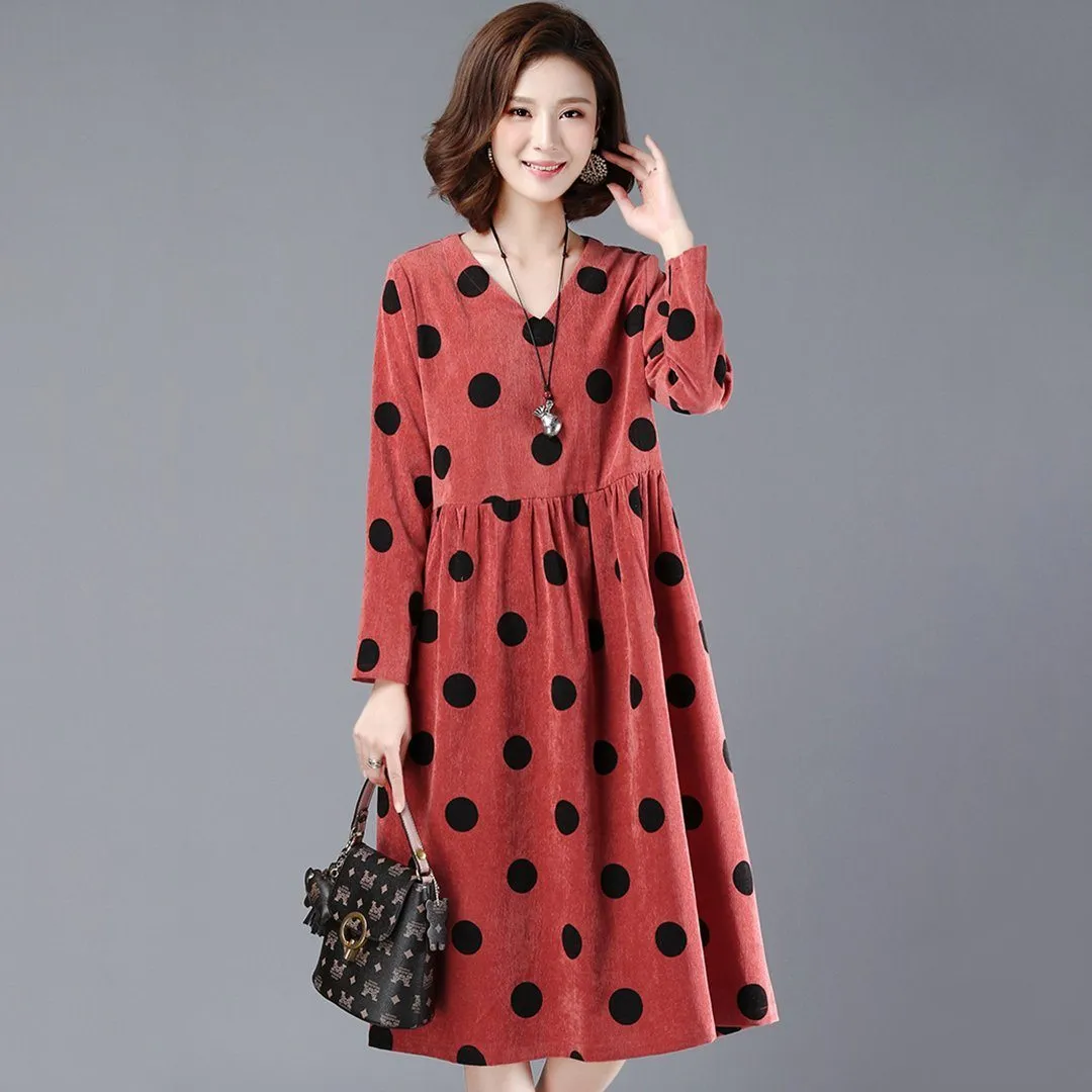 BABAKUD Polka Dots Casual Loose Gathered V-Neck Dress