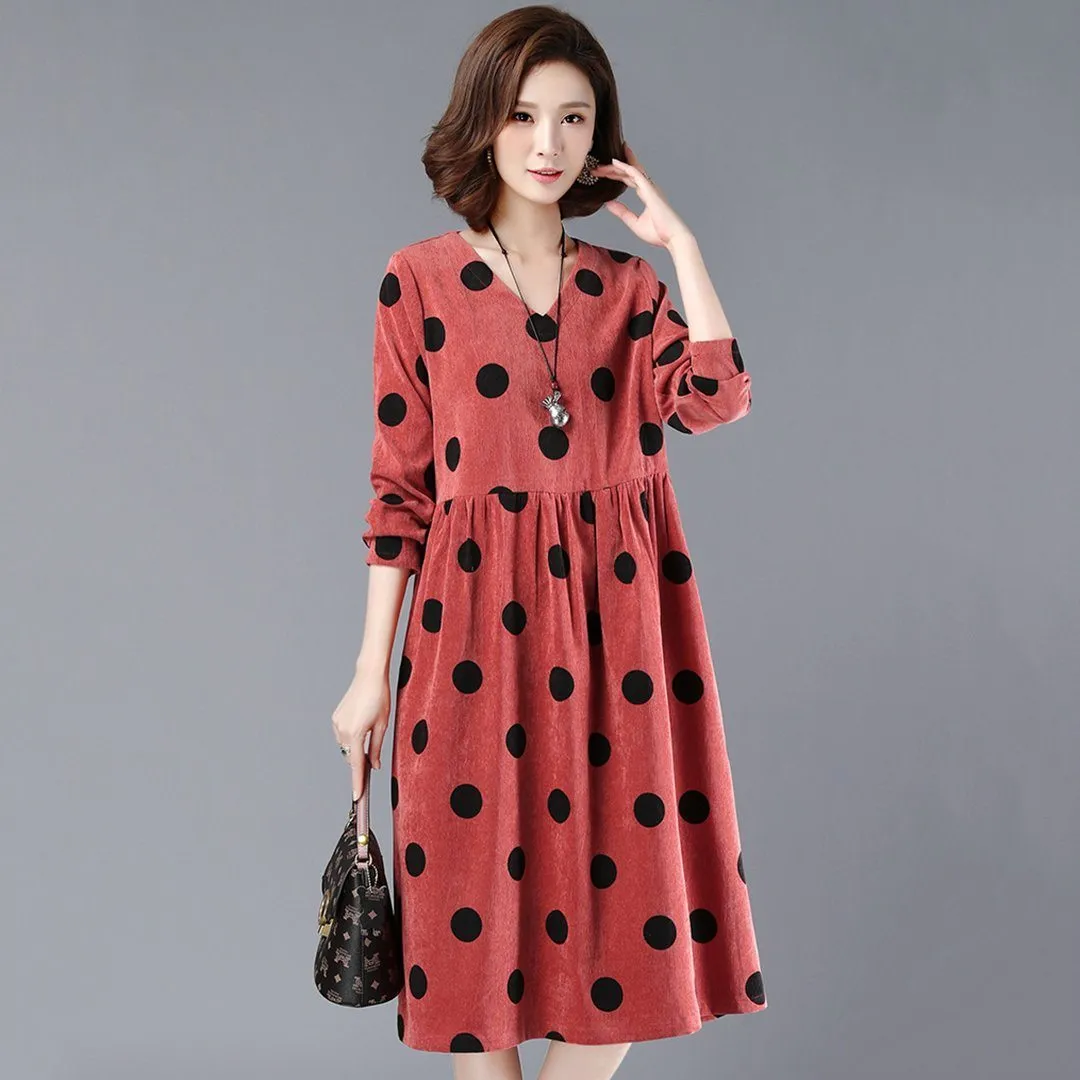 BABAKUD Polka Dots Casual Loose Gathered V-Neck Dress