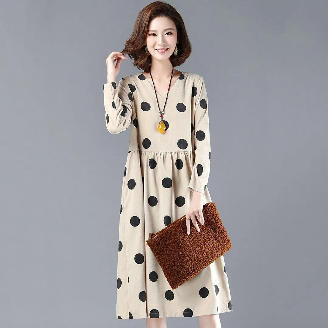 BABAKUD Polka Dots Casual Loose Gathered V-Neck Dress