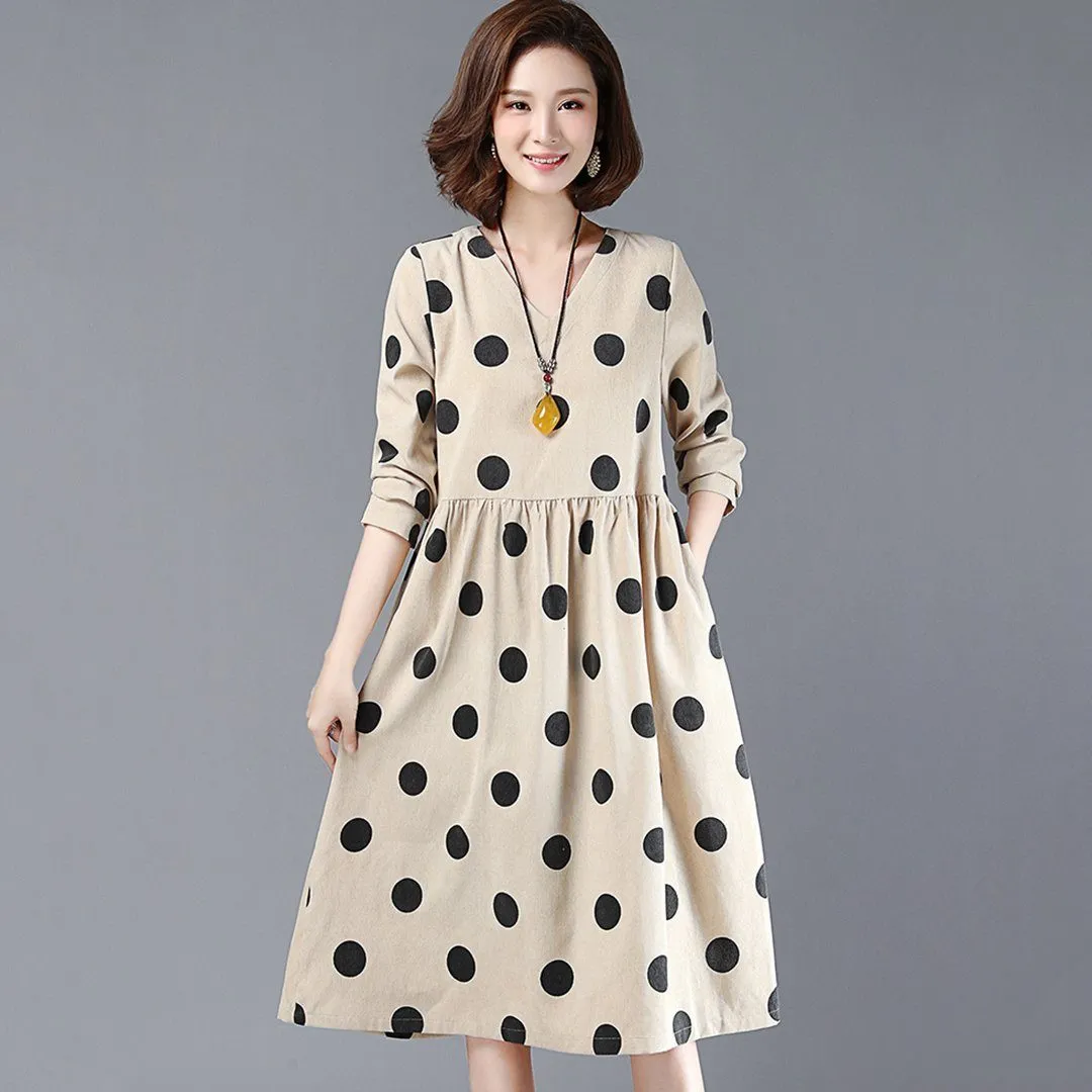 BABAKUD Polka Dots Casual Loose Gathered V-Neck Dress