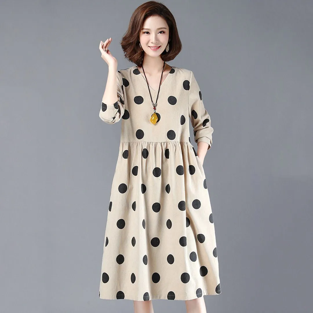 BABAKUD Polka Dots Casual Loose Gathered V-Neck Dress