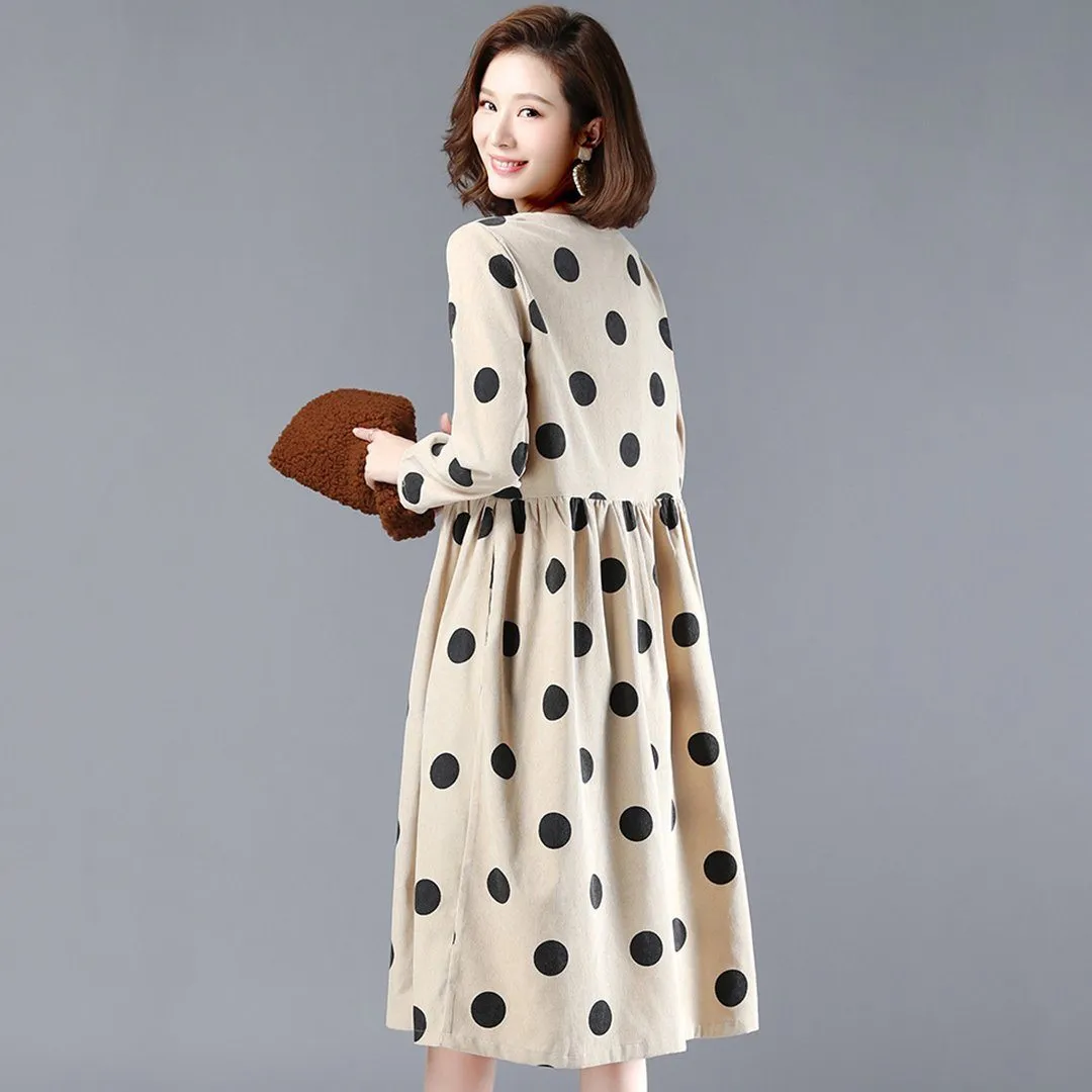 BABAKUD Polka Dots Casual Loose Gathered V-Neck Dress