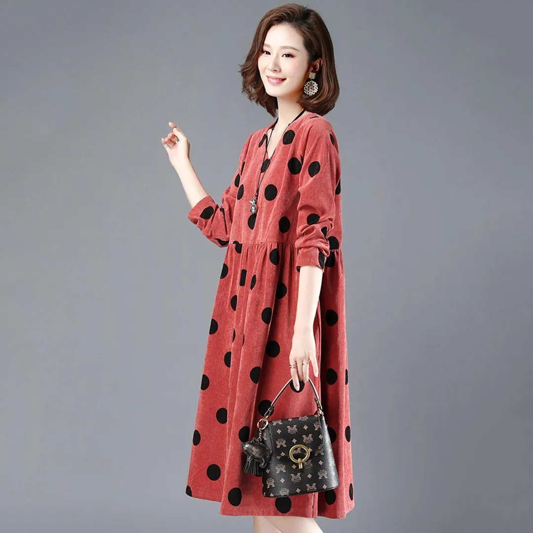 BABAKUD Polka Dots Casual Loose Gathered V-Neck Dress