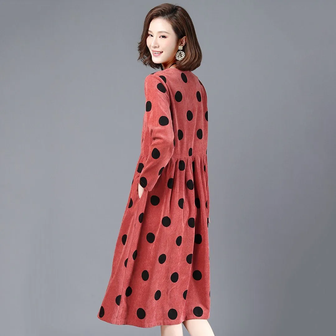 BABAKUD Polka Dots Casual Loose Gathered V-Neck Dress