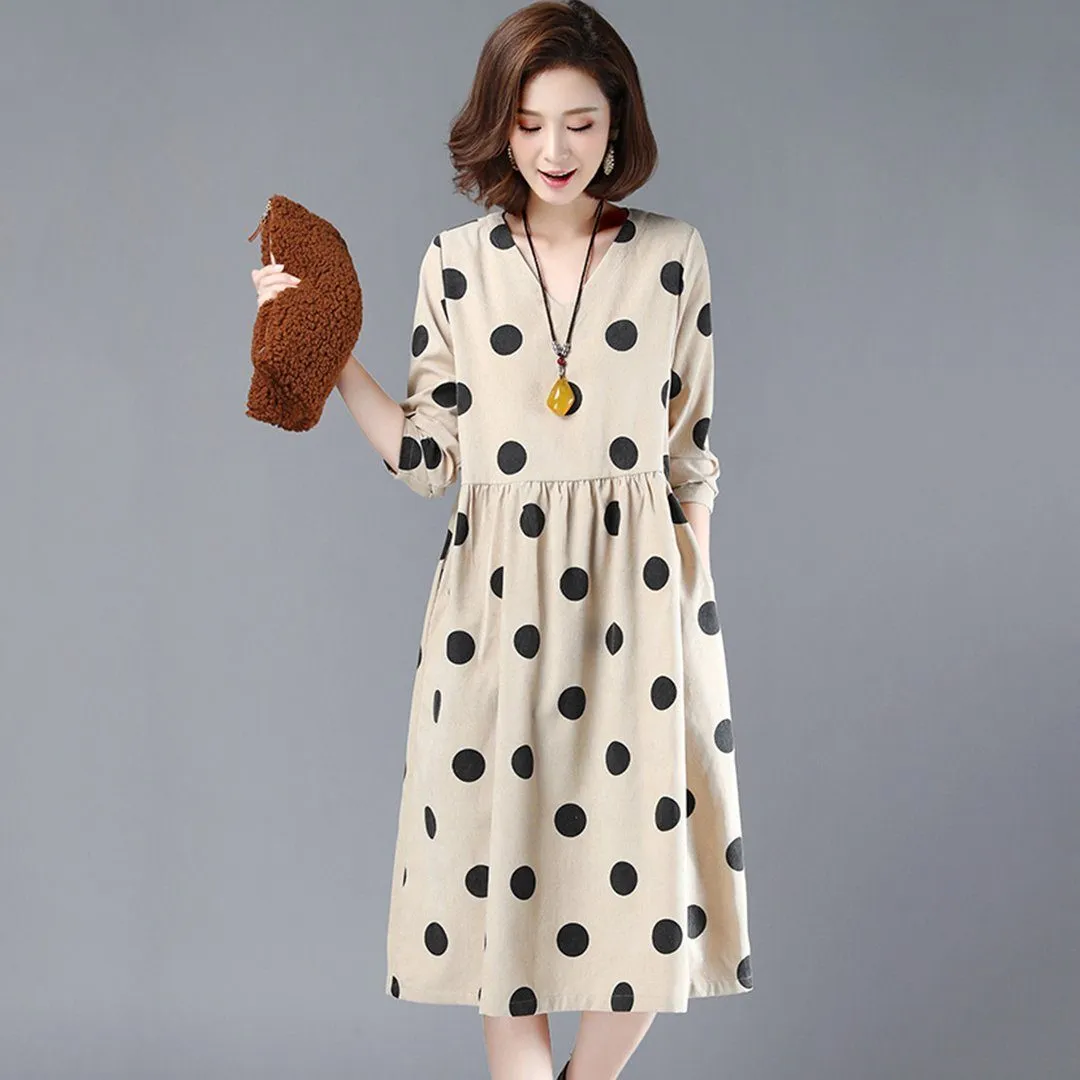 BABAKUD Polka Dots Casual Loose Gathered V-Neck Dress