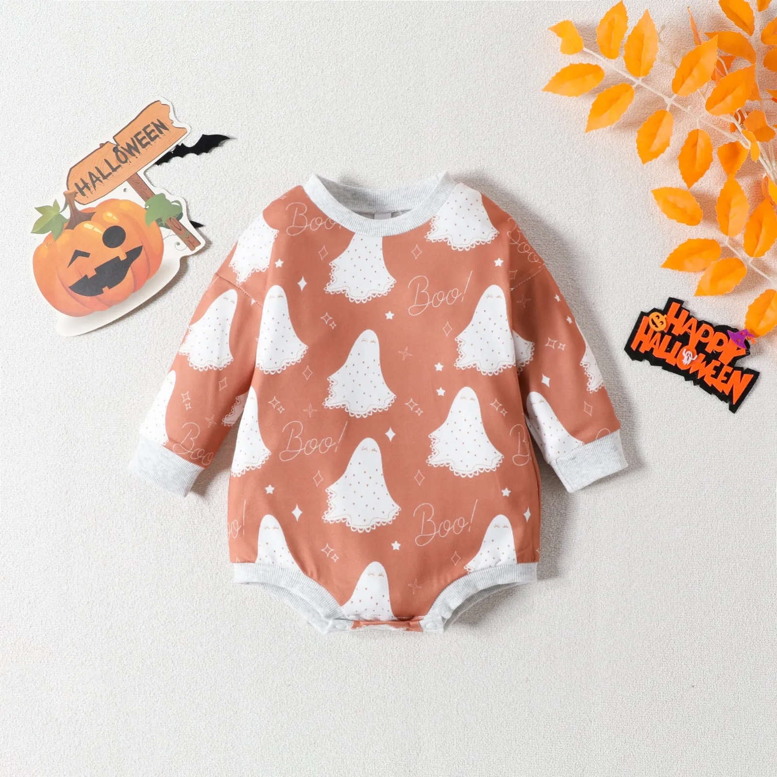 Baby Girls Boys Letters Color-blocking Print Halloween Rompers Wholesale 23090635