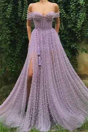 Beautiful Long A-line Sweetheart Off the Shoulder Tulle Prom Dress with Slit