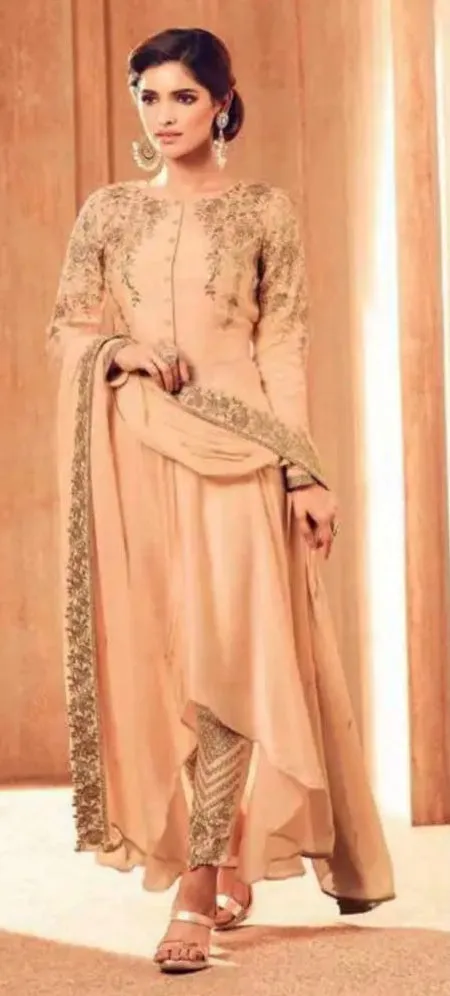 Beige colored heavy embroidery kurta set  - Rent